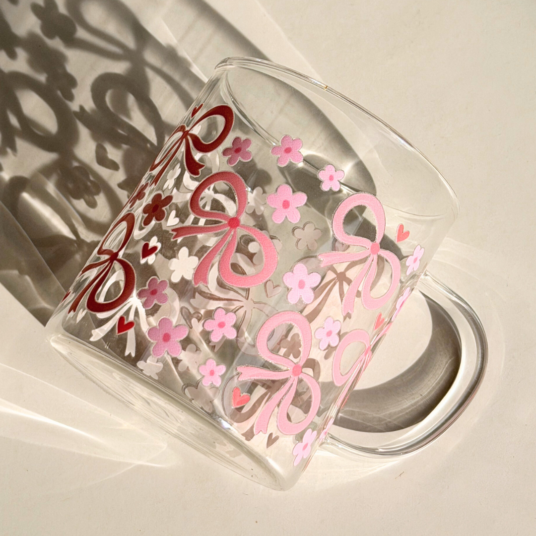 Pink Coquette Ribbon & Hearts Glass Mug