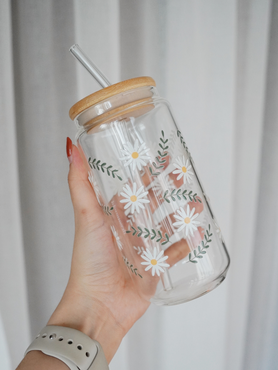 Daisies & Leaves Glass Cup