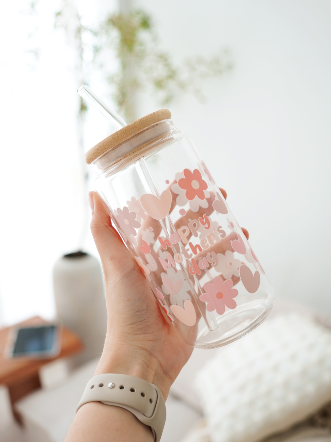 Mother's Day Hearts & Flowers Glass Cup