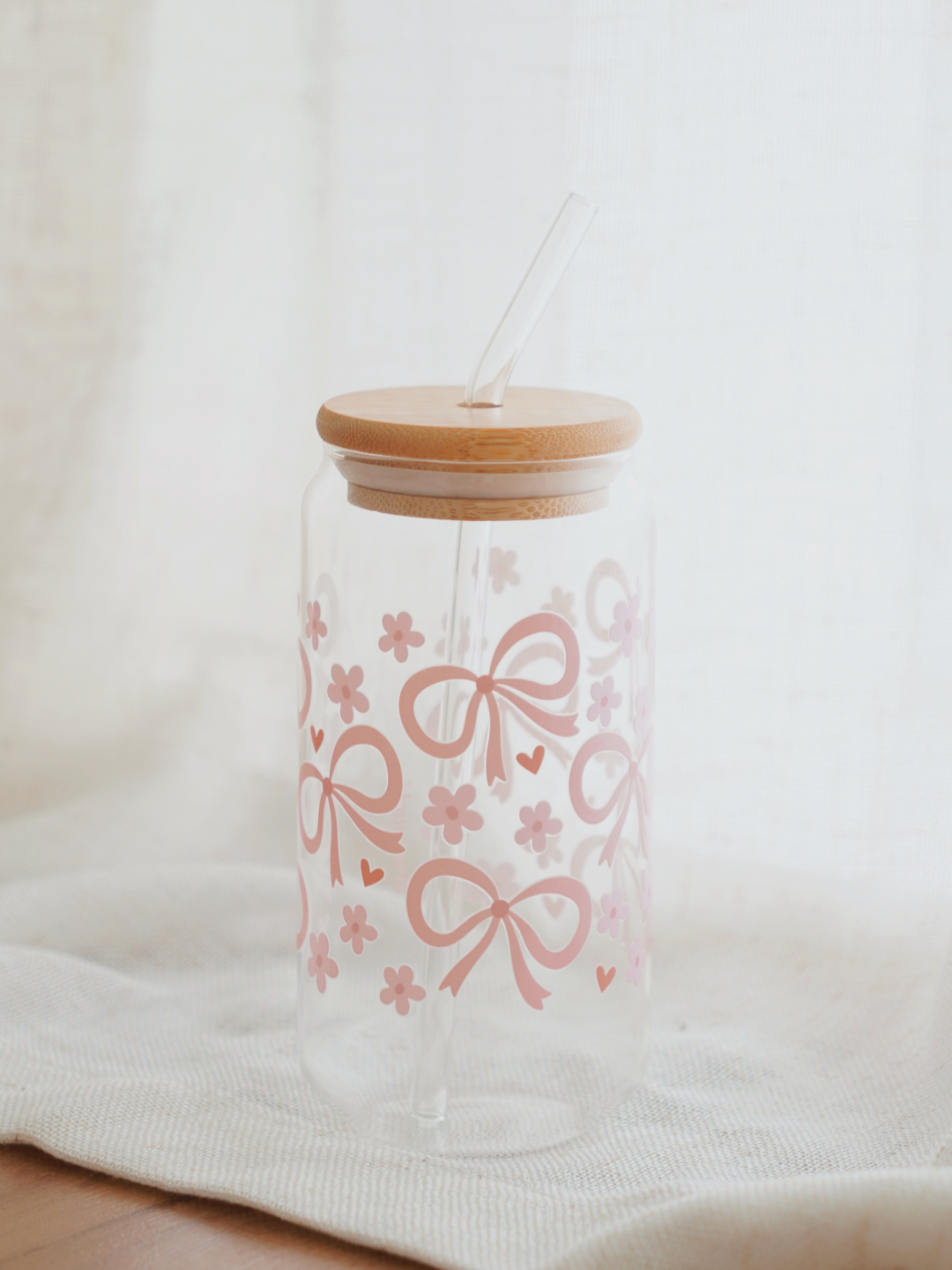 Pink Coquette Ribbon & Hearts Glass Cup