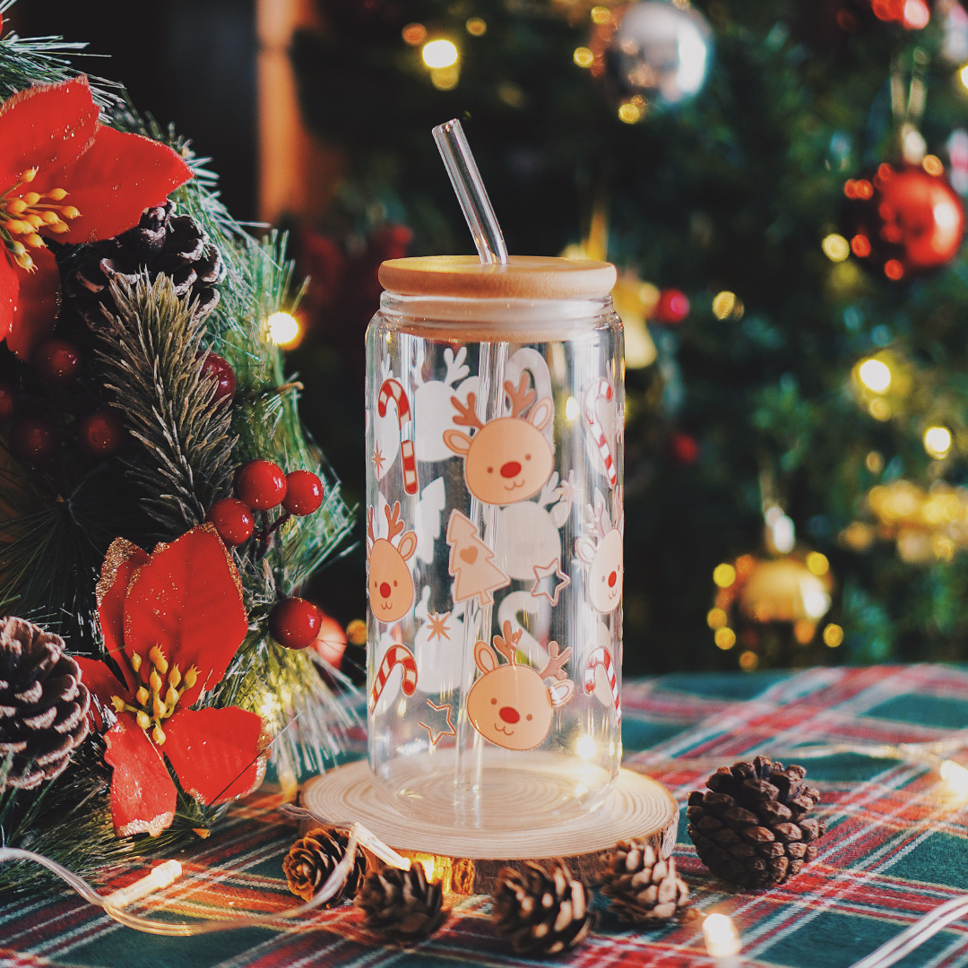 Christmas Reindeer & Candy Cane Glass Cup