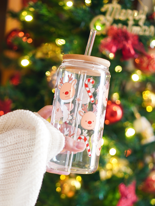 Christmas Reindeer & Candy Cane Glass Cup